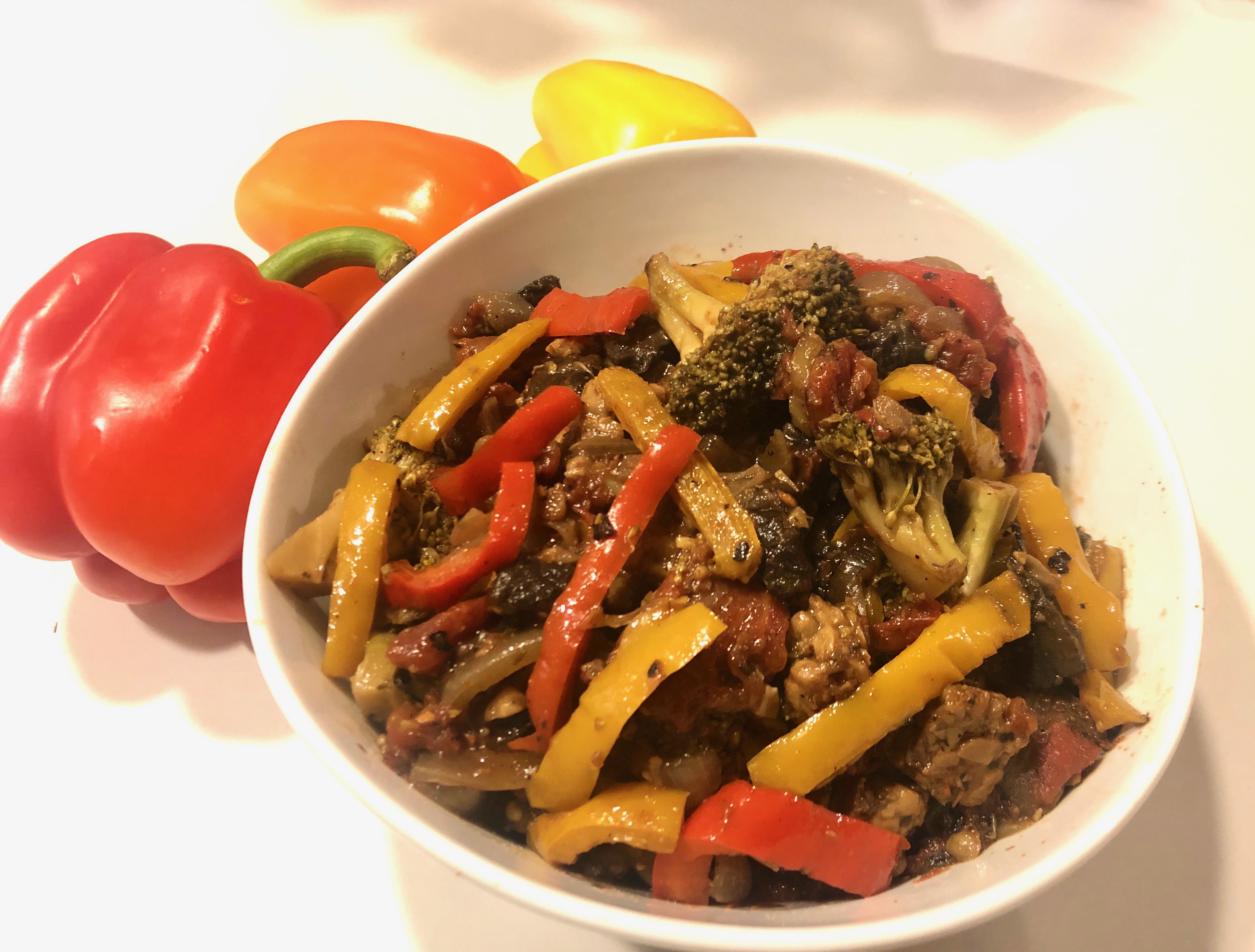 Tempeh with Mushrooms, Peppers, Onions, and Broccoli Recipe
